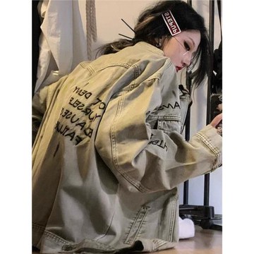 牛仔外套女春秋歐貨美式復古夾克襯衫中長款高街bf風字母刺繡上衣