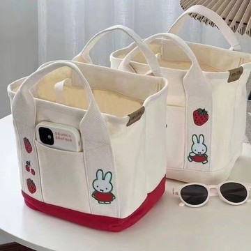 臺灣/✨帆布包  手提包  單肩包兔年兔子刺繡日系可愛大容量帆布手提包女外出手拎便當包零食立體