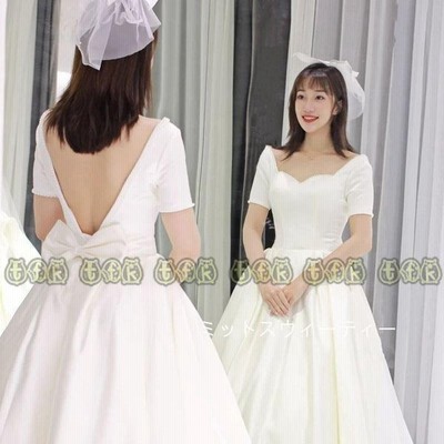 リゾートドレス ウェディングドレス フォトウエディング 旅行 半袖 背中開き リボン 後撮り 結婚式 花嫁 大人 ウエディングドレス 二次会 ブライダル 通販 Lineポイント最大get Lineショッピング