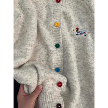 秋冬糖果色扣子毛衣開衫女小狗刺繡軟糯外套甜美百搭寬松復古上衣