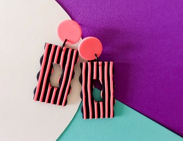 Neon霓虹系列 - 波浪方形 霓虹條紋 手工軟陶耳環