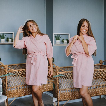 女式柔軟粉色浴袍 - 平紋和服式浴袍 - 輕盈柔軟