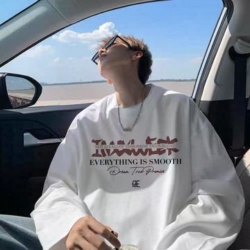 長袖t恤男士春季新款2025印花寬鬆打底衫青少年oversize圓領上衣衛衣男士 長袖男生 圓領上衣