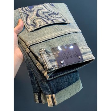 高端牛仔褲男秋季新款寬松顯瘦哈倫褲漸變層水洗繡花窄腳男士長褲