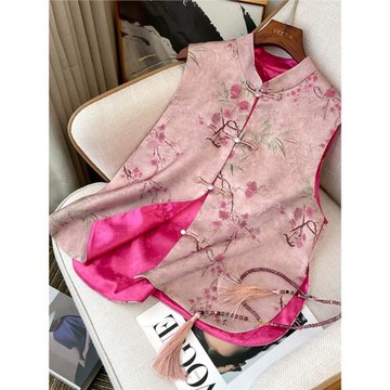 新中式粉色提花馬甲女2025春夏季新款國風超好看對襟立領坎肩上衣