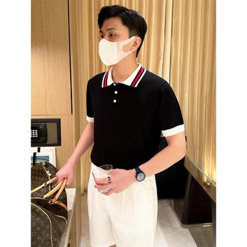法式高級拼色翻領t恤針織短袖男 夏季新款商務休閑修身polo衫男款