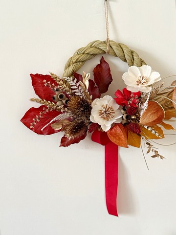 新春注連繩 乾燥花 波斯菊 紅金色  新年掛飾 祈福消災