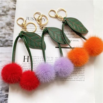 大櫻桃掛件水貂毛真皮包包配飾韓國流行車厘子掛飾汽車吊墜鑰匙扣