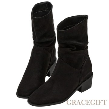 【Grace Gift】日系女孩方頭絨面褶皺內增高短靴 黑