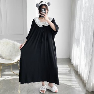 加長莫代爾大碼V領花邊睡裙短袖夏季孕婦胖MM200斤超長家居服薄款