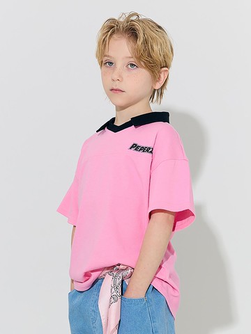 Sporty Color Block Collar T-shirt [Pink]