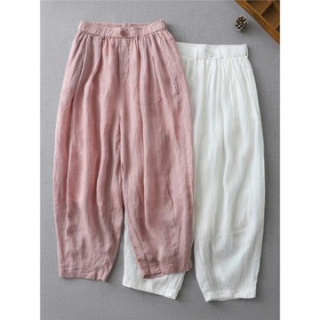 子末青合~薄款苧麻哈倫褲女寬松休閑褲大碼顯瘦棉亞麻闊腿九分褲