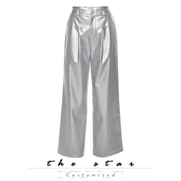 thestar 賽博朋克辣妹闊腿褲美式高腰休閑長褲寬松銀色PU皮褲女潮