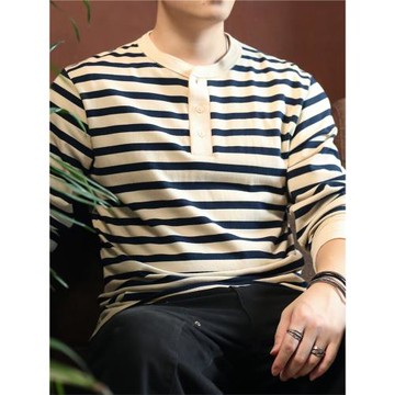 美式亨利衫男長袖t恤秋季復古重磅純棉阿美咔嘰條紋海魂衫亨利領t
