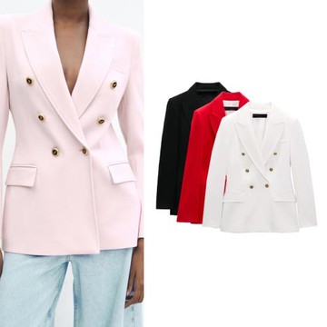 ZA 春季新款黑色小西服夾克通勤休閑雙襟修身西裝外套 7608548