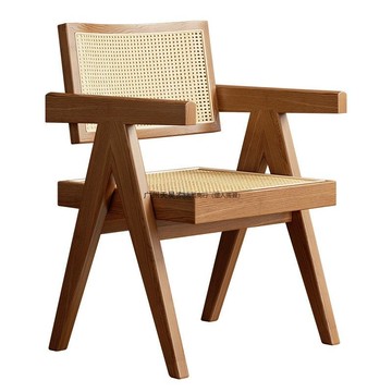 昌迪加爾藤編餐椅做舊中古詫寂風椅子家用靠背椅白蠟復古實木茶椅[DD010109]