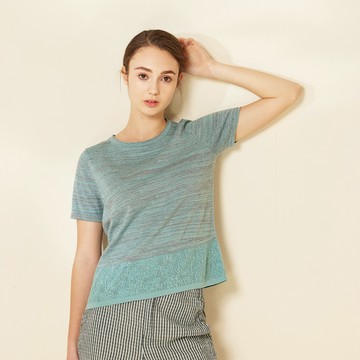 INDIGO有機棉圓領拼接針織衫(2色)