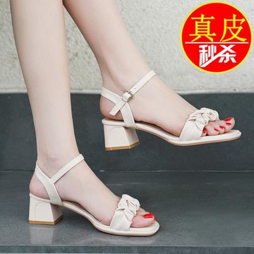 百麗倪姍中跟粗跟女涼鞋夏季新款真皮一字扣帶露趾軟底百搭涼鞋女