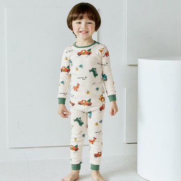 韓國 Maykids - 無螢光20支棉長袖家居服-恐龍聖誕節-米膚