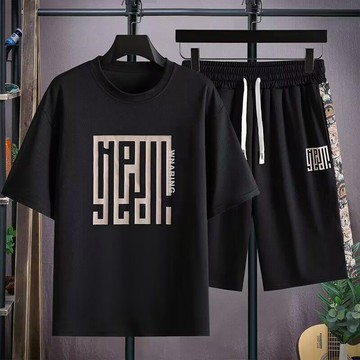 1號倉庫 夏季運動套裝 大尺碼男士套裝 夏季睡衣男短袖短褲圓領休閑運動兩件套薄款寬松大碼家居服男套裝