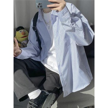 藍白條紋長袖襯衫男2026新款春秋季休閑痞帥外套日系內搭疊穿襯衣