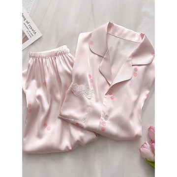 ins高顏值甜美草莓蕾絲睡衣女冰絲短袖長褲薄款仿真絲家居服套裝