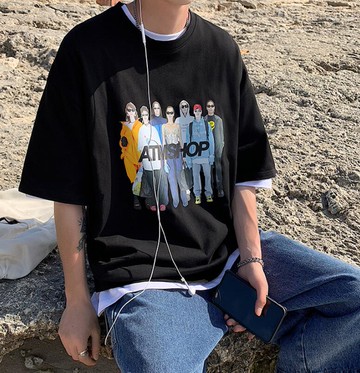 FINDSENSE X 韓潮 男士 美式復古潮人印花 寬鬆五分袖大尺碼 短袖T恤