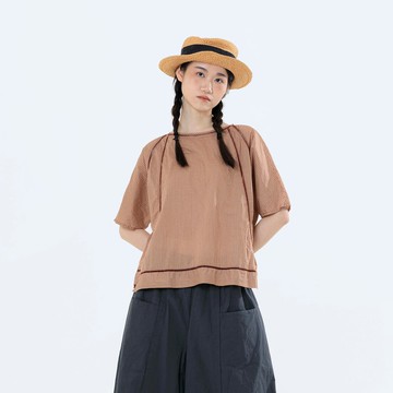 鏤空蕾絲拼接小方格上衣