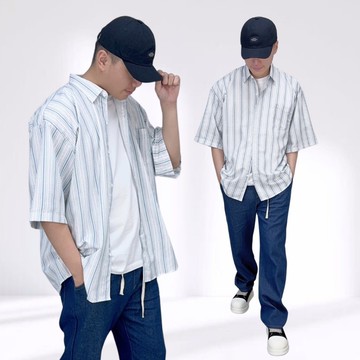 短袖襯衫 短袖上衣 外搭 男生襯衫 搭配 現貨實拍 2色 條紋 線條 嘻哈 饒舌 說唱 街舞 痞帥街頭 ST040