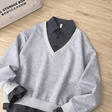 美式潮流小眾時髦高街假兩件翻領大學T男新款襯衫拼接上衣男