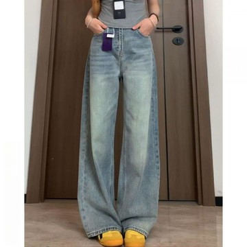 柚里 淺色闊腿牛仔褲女2026早春新款大尺碼胖mm寬鬆顯瘦梨形身材直筒褲子