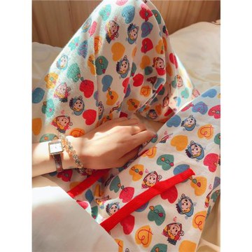 秋季多巴胺ins純棉磨毛原田治蘋果寬松抽繩睡褲可外穿家居褲