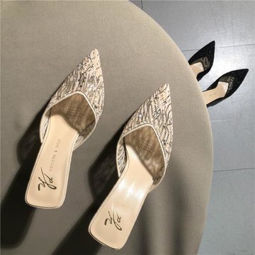 香港包頭水鉆半拖鞋女2025春夏新網紗中跟鞋女細跟外穿蕾絲涼拖鞋