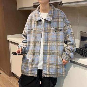 港風潮牌毛呢格子刺繡外套男秋冬季格紋襯衫拉鏈寬松情侶翻領夾克