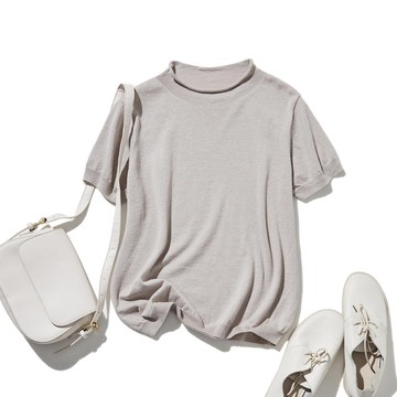 夏日必備 涼感百搭針織衫 亞麻棉短袖上衣 米杏灰 250704-2