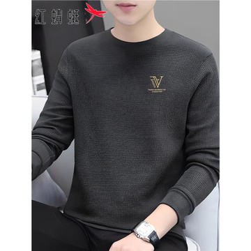 紅蜻蜓華夫格衛衣男士上衣打底衫2026春秋季新款圓領長袖t恤男T冬