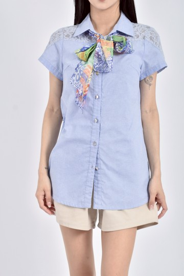 (M) 伊蕾蕾絲綁帶藍色短袖上衣