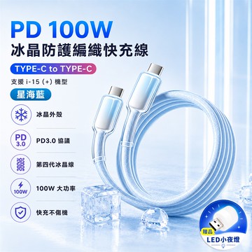 PD 100W 冰晶防護編織快充線 星海藍【買就送USB LED小夜燈】_廠商直送