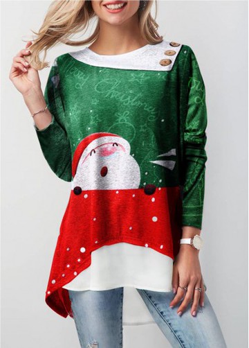 Christmas Asymmetric Hem Faux Two Piece T Shirt