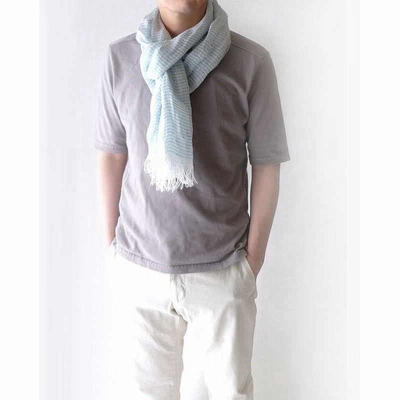 メンズ サマーストール 細ボーダー アイスブルー ナチュラルなリネン