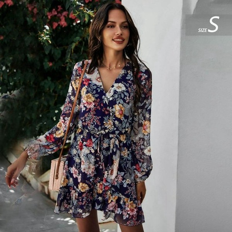 花柄 紺色 ｓサイズ21年春夏 Vネック 長袖 フローラル柄 シフォンプリント ワンピース レディース 花柄 ミニワンピース Aライン 可愛い 通販 Lineポイント最大get Lineショッピング