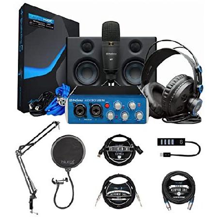 PreSonus AudioBox Studio Ultimate Bundle with Studio Monitors and Recording Software, Blucoil Boom Arm Plus Pop Filter, USB-A Mini Hub, 10' Instrument