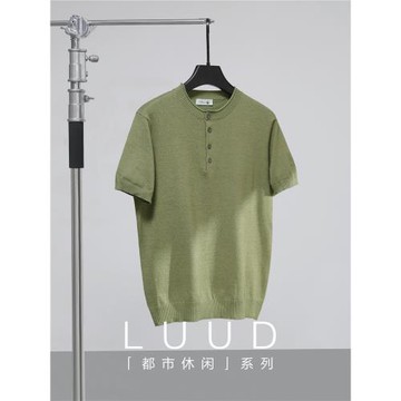 LUUD 男士輕熟風亨利領針織衫T恤夏季領口卷邊短袖體恤衫修身上衣