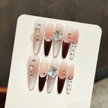 💟加一手工甲💅🏻藝禾穿戴甲【焦糖可可】波點貓眼酒紅色法式氛圍感顯白手工美甲貼純手工穿戴甲 8FYP