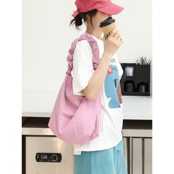 褶皺設計小眾細閃銀線單肩腋下包女帆布包休閑百搭大容量斜挎包