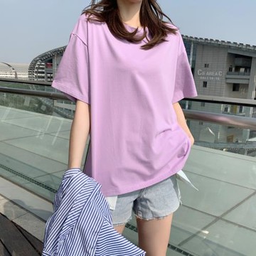 春款2021年春夏季短袖女港風簡約寬松韓版t恤ins半袖紫色棉質上衣