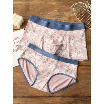 畫內原創卡通貓咪趣味印花情侶內褲中腰莫代爾男女短褲情人節禮物