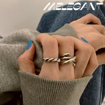 M.e.【24H出貨】韓版S925鍍銀線條交叉戒指 復古麻花開口戒指 可調節戒指