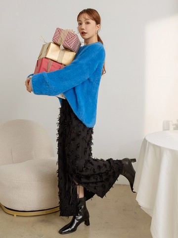 立體毛鬚綁帶開衩腰鬆緊長裙