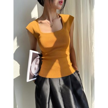 (免運)方領針織t恤女短袖2025新款秋冬內搭外穿修身冰絲韓系打底衫上衣